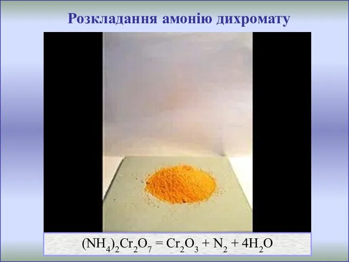 Розкладання амонію дихромату (NH4)2Cr2O7 = Сr2O3 + N2 + 4H2O