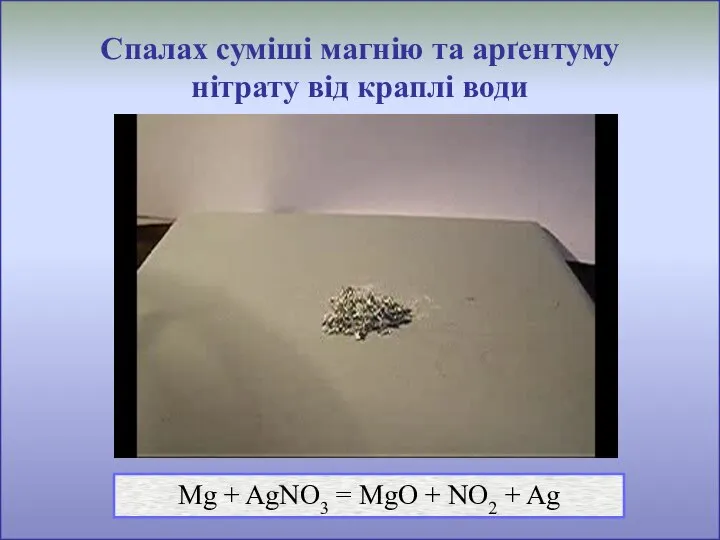 Спалах суміші магнію та арґентуму нітрату від краплі води Mg +