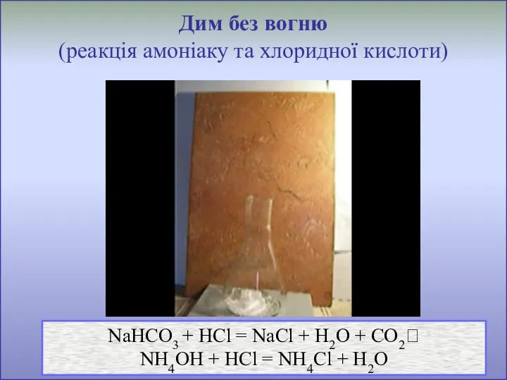 Дим без вогню (реакція амоніаку та хлоридної кислоти) NaHCO3 + HCl