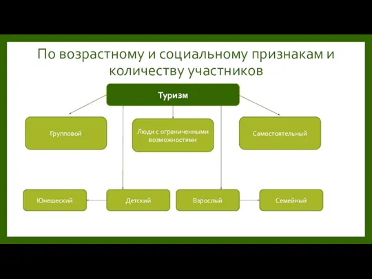 По возрастному и социальному признакам и количеству участников Туризм Детский Взрослый