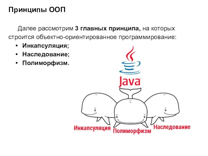 Далее рассмотрим 3 главных принципа, на которых строится объектно-ориентированное программирование: Инкапсуляция; Наследование; Полиморфизм. Принципы ООП