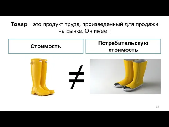 Товар - это продукт труда, произведенный для продажи на рынке. Он имеет: Стоимость Потребительскую стоимость ≠