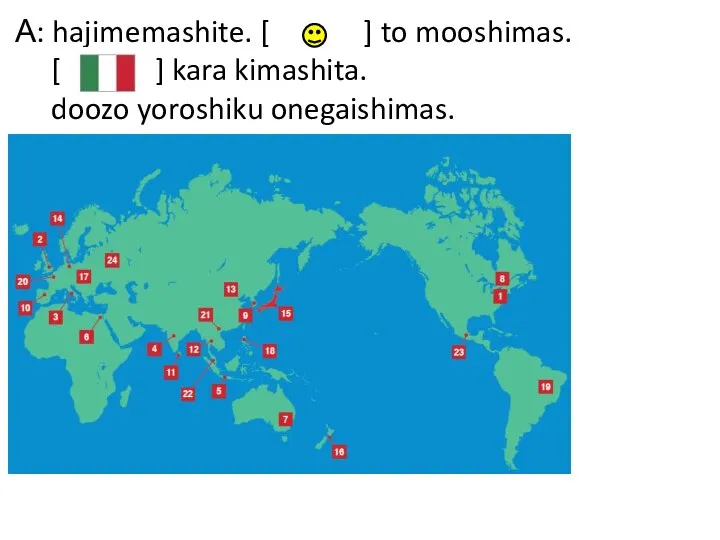 А: hajimemashite. [ ] to mooshimas. [ ] kara kimashita. doozo yoroshiku onegaishimas.