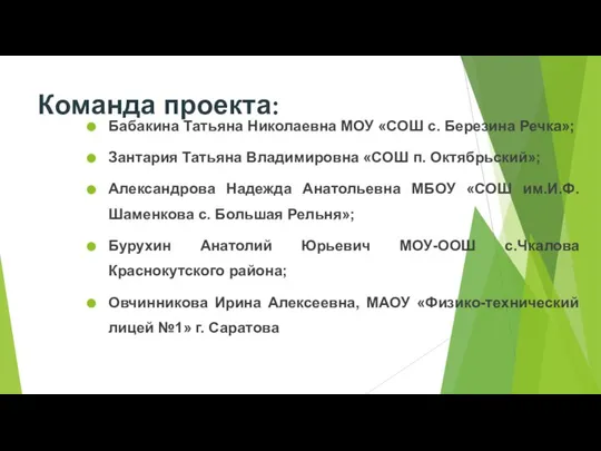 Команда проекта: Бабакина Татьяна Николаевна МОУ «СОШ с. Березина Речка»; Зантария