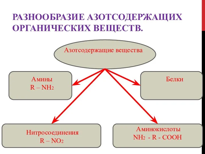 РАЗНООБРАЗИЕ АЗОТСОДЕРЖАЩИХ ОРГАНИЧЕСКИХ ВЕЩЕСТВ. Азотсодержащие вещества Амины R – NH2 Нитросоединения