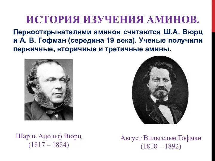 ИСТОРИЯ ИЗУЧЕНИЯ АМИНОВ. Август Вильгельм Гофман (1818 – 1892) Шарль Адольф