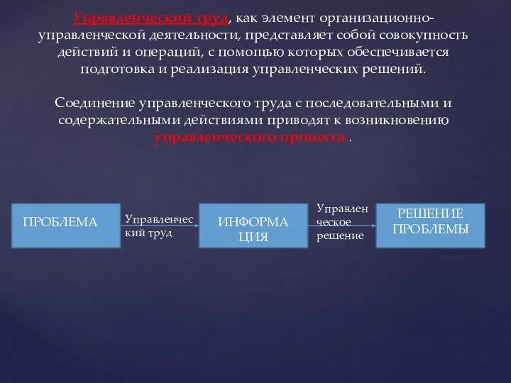 Управленческий труд, как элемент организационно- управленческой деятельности, представляет собой совокупность действий