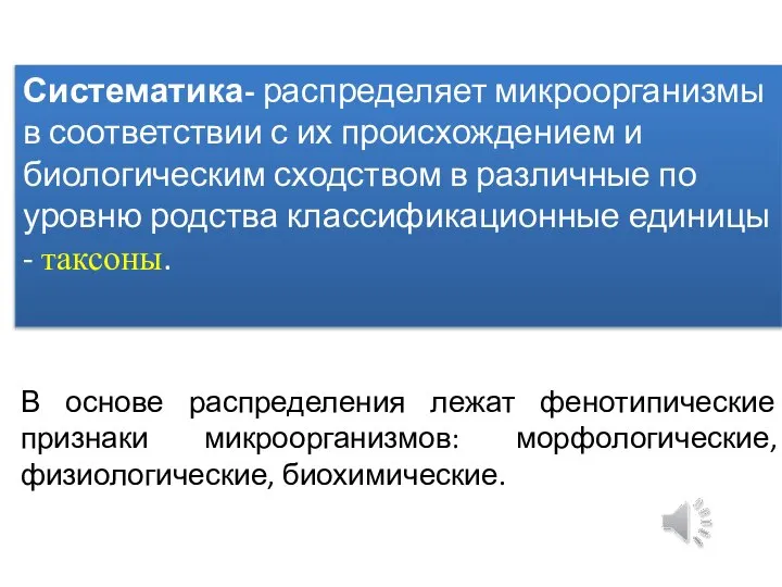 Систематика микроорганизмов Систематика- распределяет микроорганизмы в соответствии с их происхождением и