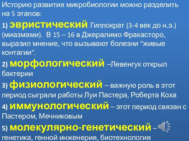 Историю развития микробиологии можно разделить на 5 этапов: 1) эвристический Гиппократ