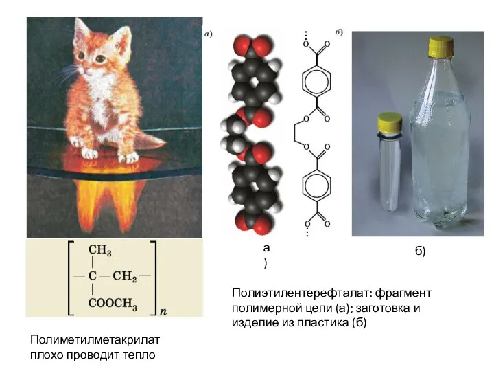 Полиметилметакрилат плохо проводит тепло Полиэтилентерефталат: фрагмент полимерной цепи (а); заготовка и