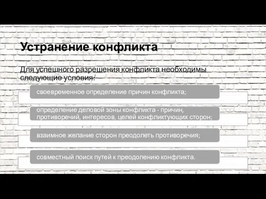 Устранение конфликта Для успешного разрешения конфликта необходимы следующие условия: