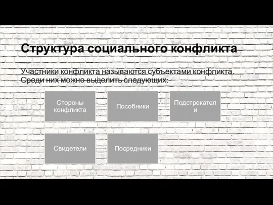 Структура социального конфликта Участники конфликта называются субъектами конфликта. Среди них можно выделить следующих: