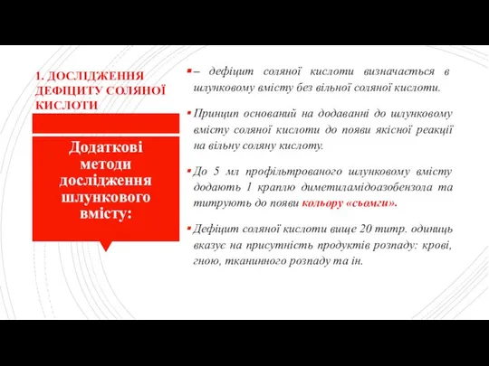 Додаткові методи дослідження шлункового вмісту: – дефіцит соляної кислоти визначається в