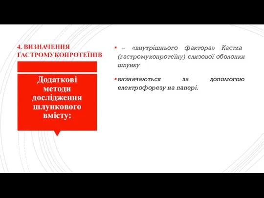 Додаткові методи дослідження шлункового вмісту: – «внутрішнього фактора» Кастла (гастромукопротеїну) слизової