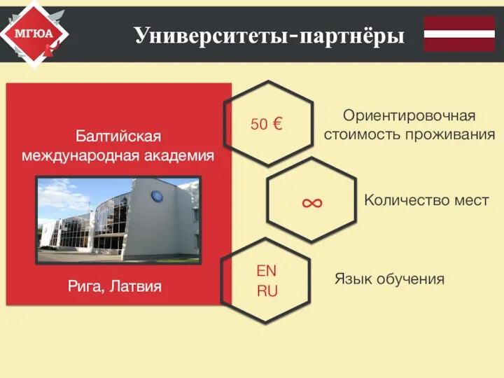 Университеты-партнёры Балтийская международная академия Язык обучения EN Количество мест RU Ориентировочная