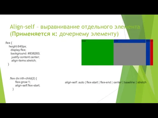 Align-self – выравнивание отдельного элемента(Применяется к: дочернему элементу) .flex div:nth-child(2) {