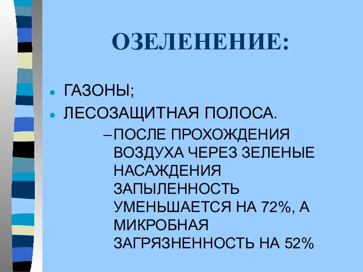 ОЗЕЛЕНЕНИЕ: ГАЗОНЫ; ЛЕСОЗАЩИТНАЯ ПОЛОСА. ПОСЛЕ ПРОХОЖДЕНИЯ ВОЗДУХА ЧЕРЕЗ ЗЕЛЕНЫЕ НАСАЖДЕНИЯ ЗАПЫЛЕННОСТЬ