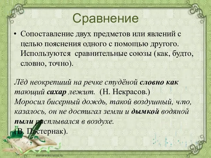 Сравнение Сопоставление двух предметов или явлений с целью пояснения одного с