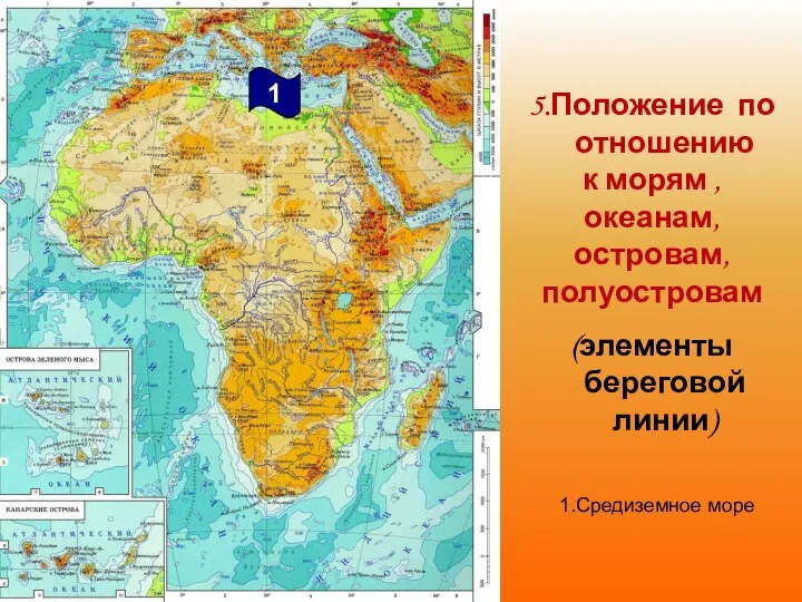 5.Положение по отношению к морям , океанам, островам, полуостровам (элементы береговой линии) 1 1.Средиземное море