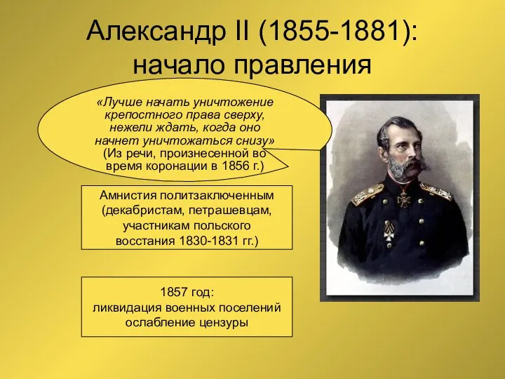 Александр II (1855-1881): начало правления «Лучше начать уничтожение крепостного права сверху,