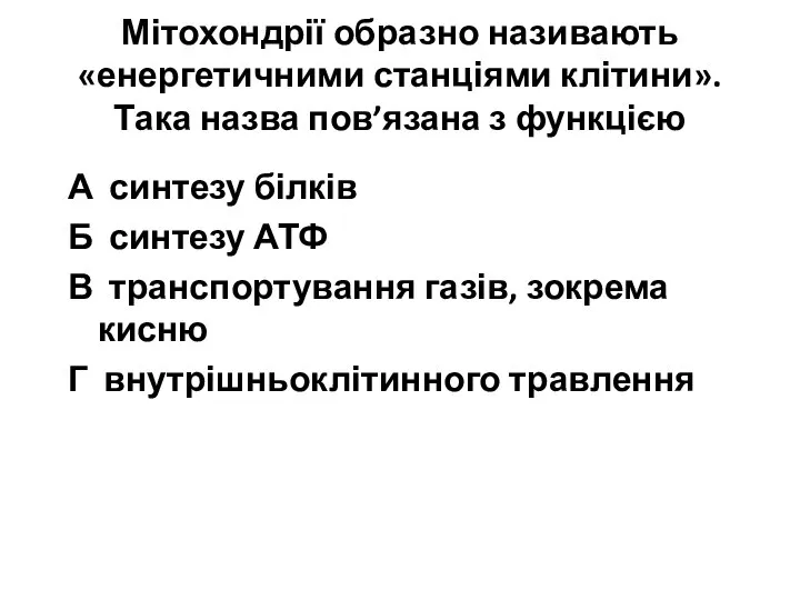 Мітохондрії образно називають «енергетичними станціями клітини». Така назва пов’язана з функцією