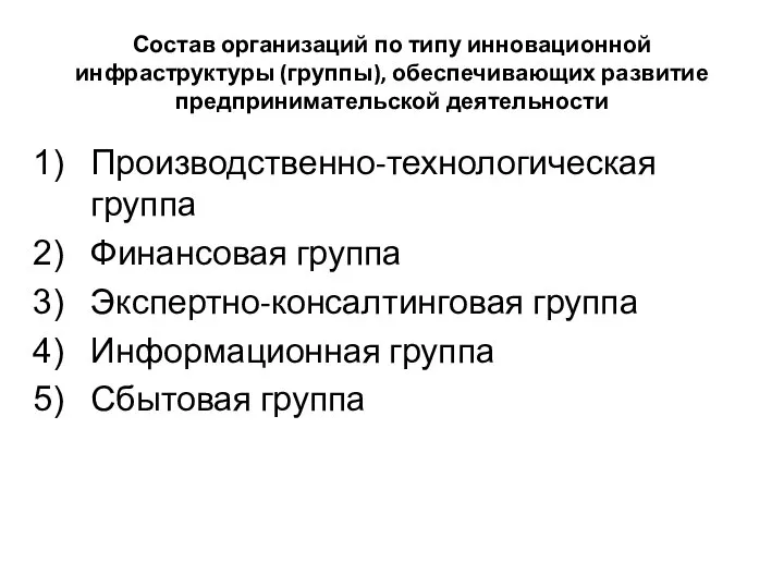 Состав организаций по типу инновационной инфраструктуры (группы), обеспечивающих развитие предпринимательской деятельности