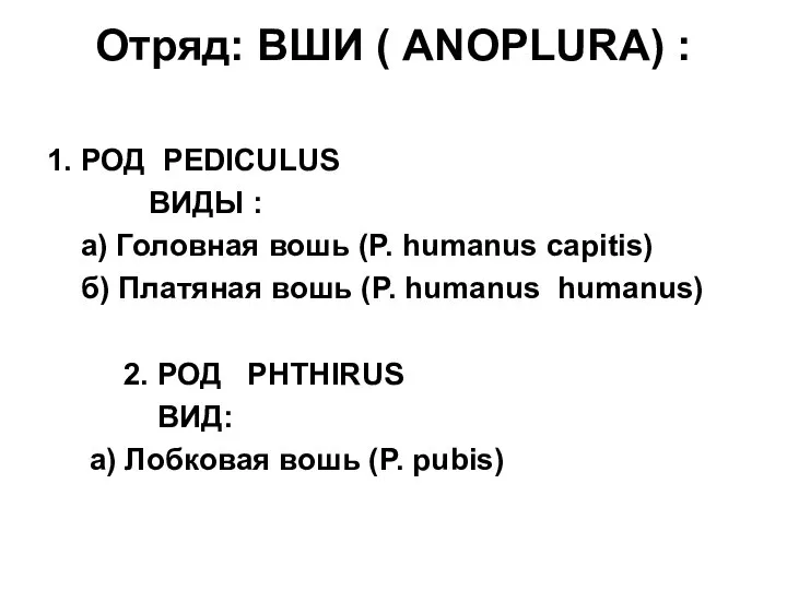 Отряд: ВШИ ( ANOPLURA) : 1. РОД PEDICULUS ВИДЫ : а)