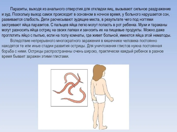 Паразиты, выходя из анального отверстия для откладки яиц, вызывают сильное раздражение