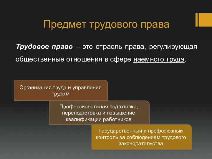 Предмет трудового права Трудовое право – это отрасль права, регулирующая общественные