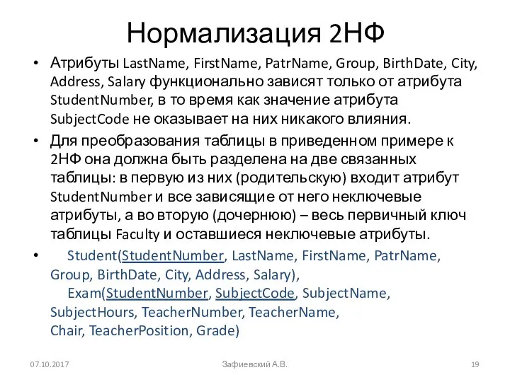 Нормализация 2НФ Атрибуты LastName, FirstName, PatrName, Group, BirthDate, City, Address, Salary