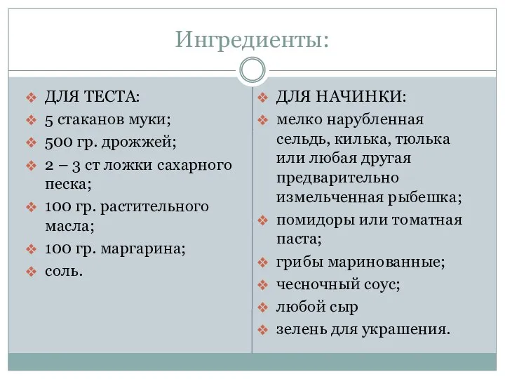 Ингредиенты: ДЛЯ ТЕСТА: 5 стаканов муки; 500 гр. дрожжей; 2 –