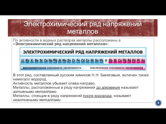 Электрохимический ряд напряжений металлов По активности в водных растворах металлы расположены