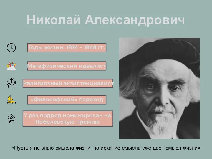 «Философский» пароход Николай Александрович Годы жизни: 1874 – 1948 гг. Метафизический