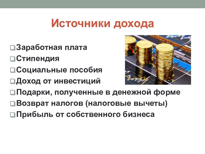 Источники дохода Заработная плата Стипендия Социальные пособия Доход от инвестиций Подарки,