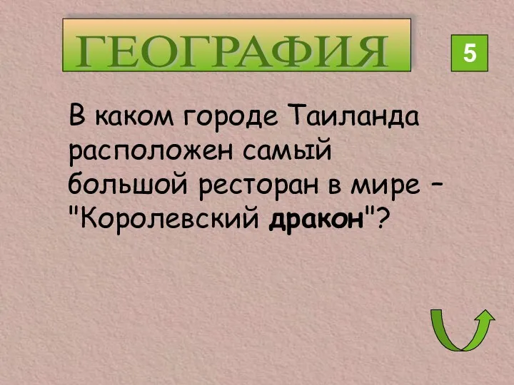 ГЕОГРАФИЯ 5 В каком городе Таиланда расположен самый большой ресторан в мире – "Королевский дракон"?