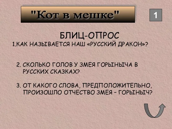 1 "Кот в мешке" БЛИЦ-ОПРОС КАК НАЗЫВАЕТСЯ НАШ «РУССКИЙ ДРАКОН»? 2.