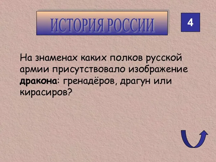 4 ИСТОРИЯ РОССИИ На знаменах каких полков русской армии присутствовало изображение дракона: гренадёров, драгун или кирасиров?