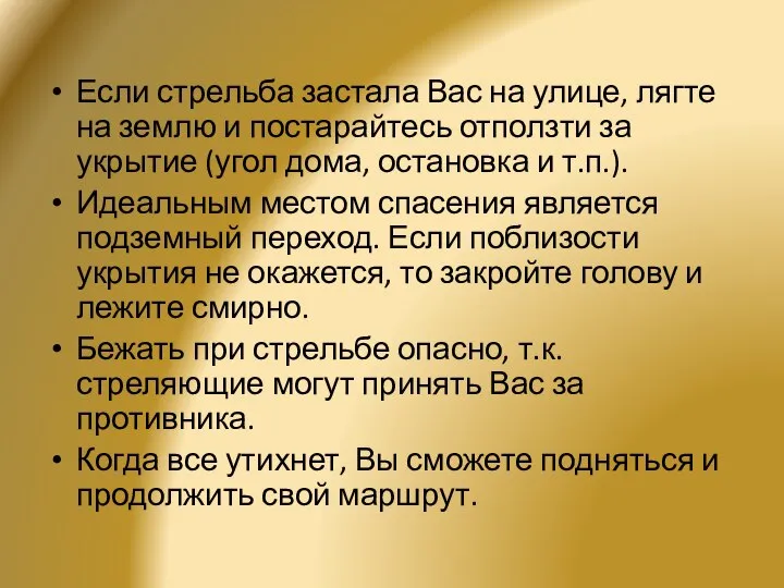 Если стрельба застала Вас на улице, лягте на землю и постарайтесь