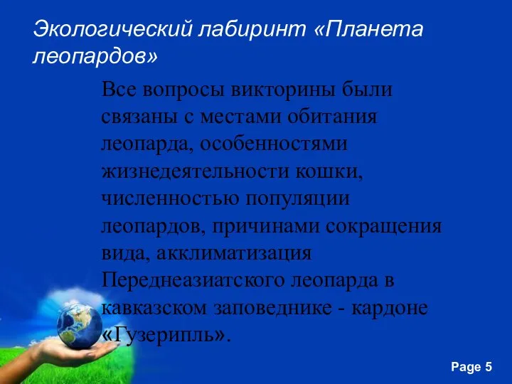 Экологический лабиринт «Планета леопардов» Все вопросы викторины были связаны с местами