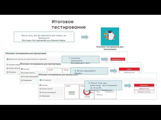 Итоговое тестирование После того, как вы закончите все курсы, вы проходите