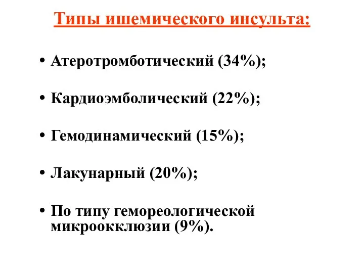 Типы ишемического инсульта: Атеротромботический (34%); Кардиоэмболический (22%); Гемодинамический (15%); Лакунарный (20%); По типу гемореологической микроокклюзии (9%).