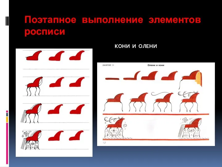 Поэтапное выполнение элементов росписи КОНИ И ОЛЕНИ