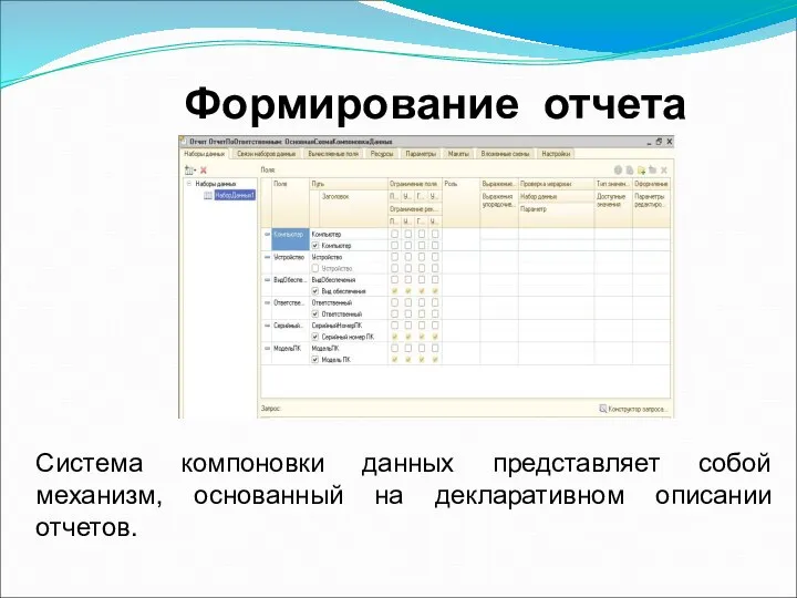 Формирование отчета Система компоновки данных представляет собой механизм, основанный на декларативном описании отчетов.