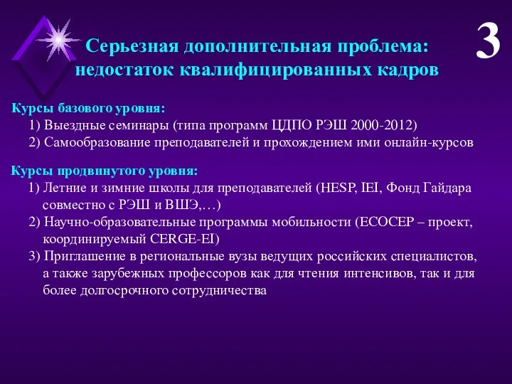 Серьезная дополнительная проблема: недостаток квалифицированных кадров Курсы базового уровня: 1) Выездные