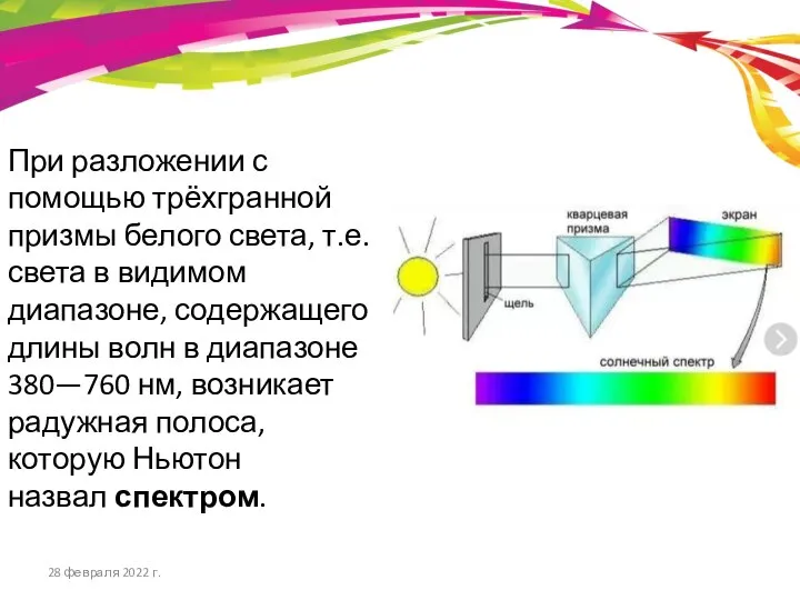 При разложении с помощью трёхгранной призмы белого света, т.е. света в