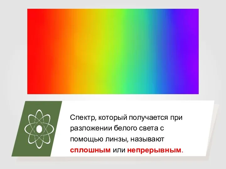 Спектр, который получается при разложении белого света с помощью линзы, называют сплошным или непрерывным.