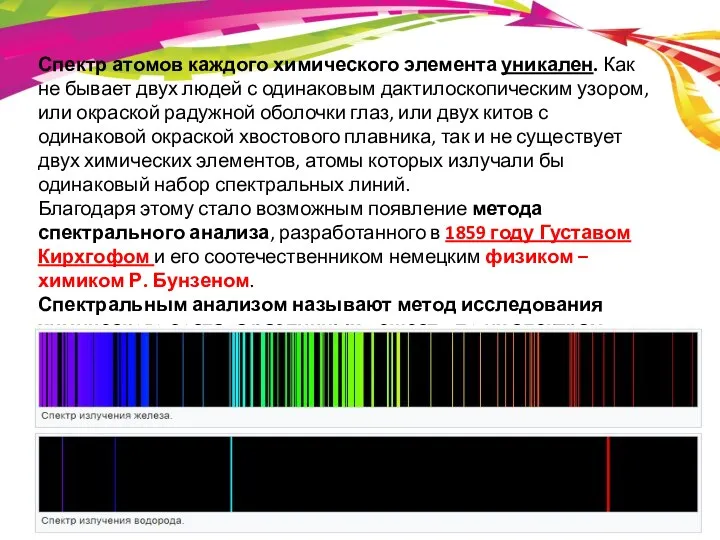 Спектр атомов каждого химического элемента уникален. Как не бывает двух людей