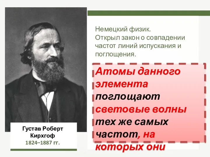 Густав Роберт Кирхгоф 1824–1887 гг. Немецкий физик. Открыл закон о совпадении