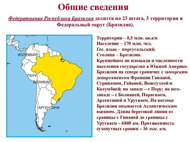 Общие сведения Федеративная Республика Бразилия делится на 23 штата, 3 территории