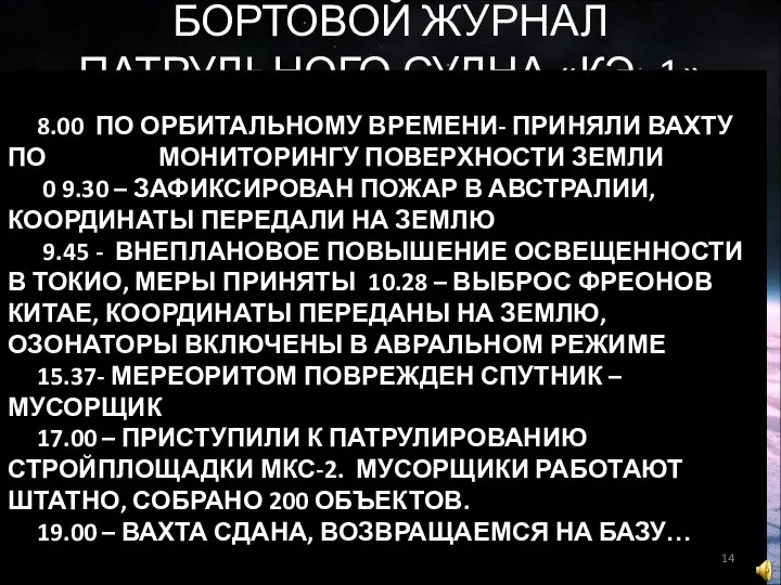 БОРТОВОЙ ЖУРНАЛ ПАТРУЛЬНОГО СУДНА «КЭ -1» ЗА 27.04.2031Г. 8.00 ПО ОРБИТАЛЬНОМУ